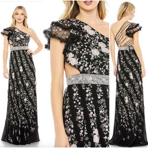 Mac Duggal Embroidered Ruffled One Shoulder Lace Up Gown Black Multi 70160 New